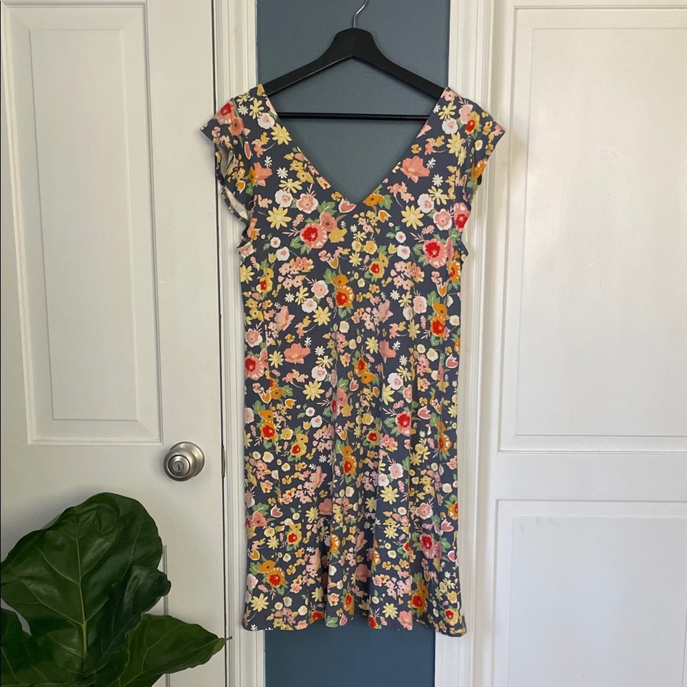 Loft Outlet Floral V-Neck Flutter Sleeve Knit Shift‎ Dress Blue Multi Size S